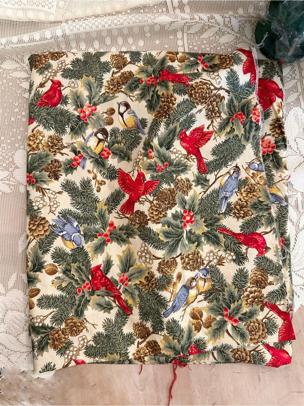 Festive Cardinal and Pinecone Holiday Fabric Panel - Red, Green, Gold